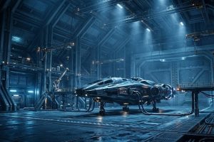 Ангар с космическим кораблём в научно-фантастическом стиле