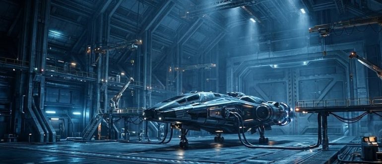 Ангар с космическим кораблём в научно-фантастическом стиле