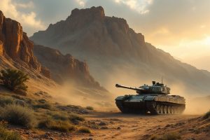 Бронированный танк за каменистым гребнем на закате