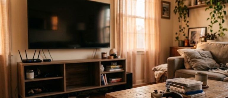 Две игровые консоли на тумбе под телевизором в гостиной