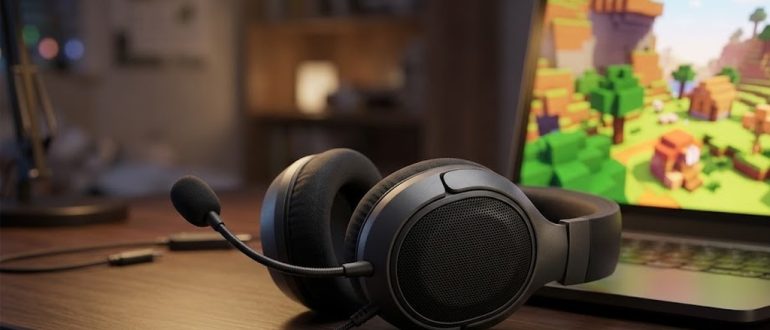 Игровая гарнитура с микрофоном рядом с ноутбуком на рабочем столе