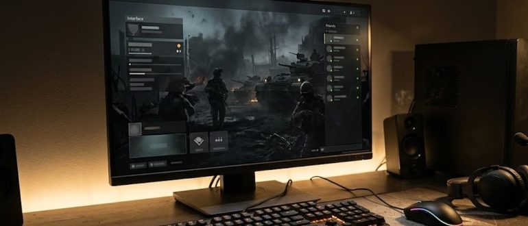 Игровое рабочее место с монитором, на котором открыт список друзей шутера