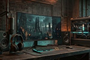 Игровой компьютер с монитором в мрачной тёмной подсветке