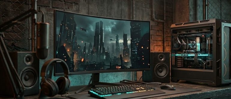 Игровой компьютер с монитором в мрачной тёмной подсветке