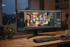 Рабочее место с компьютером и редактором 3D-сцен на мониторе