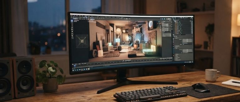 Рабочее место с компьютером и редактором 3D-сцен на мониторе