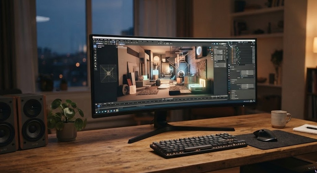 Рабочее место с компьютером и редактором 3D-сцен на мониторе