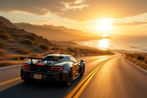 Спортивный автомобиль едет по живописной дороге на закате