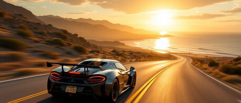 Спортивный автомобиль едет по живописной дороге на закате