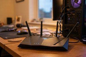 Wi-Fi роутер с горящими индикаторами рядом с игровым компьютером