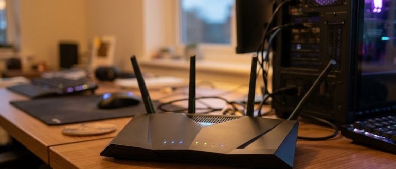 Wi-Fi роутер с горящими индикаторами рядом с игровым компьютером