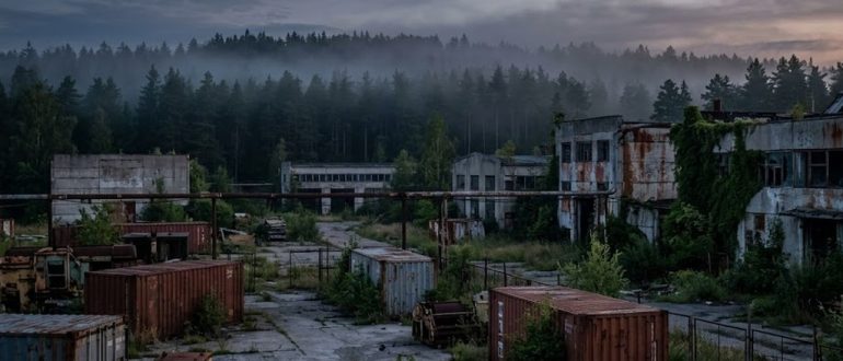 Заброшенный промышленный комплекс в тумане на фоне леса